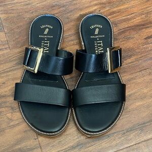 Italian Shoemakers Black Leather Slide Sandals with Gold Buckles Size 6